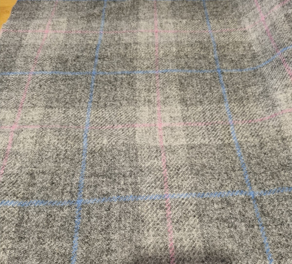 Blue pink and grey LARGE check Harris Tweed OFFCUT 65cm wide x 60cm long