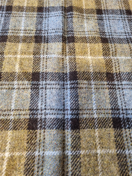 Blue brown moss tartan check Harris Tweed OFFCUT 86cm wide x 50cm long